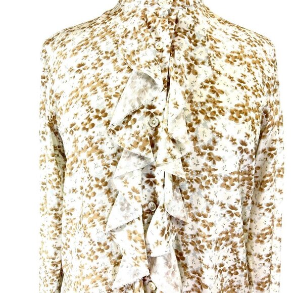 Karl Reiman Blouse Womens Size 4 White/Tan Silk Floral Ruffle Button Down Soft - Picture 5 of 7